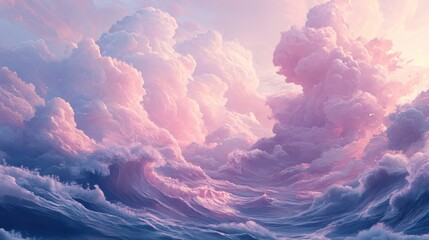 Poster - Dreamy pink clouds meet turbulent ocean waves in a surreal landscape art style