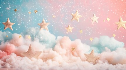 Poster - Golden stars floating among pastel clouds with sparkling glitter on a dreamy background