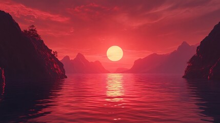 Poster - Red sunset over calm water with mountains and sky creating a serene landscape scene