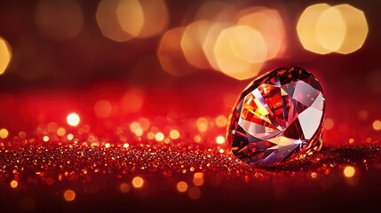Poster - Red faceted gem resting on sparkling surface with bokeh lights in a warm color palette