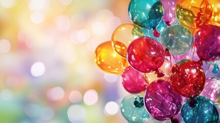 Poster - Colorful balloons floating against a blurred bokeh background creating a festive and celebratory mood