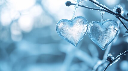 Poster - Frozen Heart Ornaments Hanging on Branch in Winter with Soft Blue Background and Bokeh Effect
