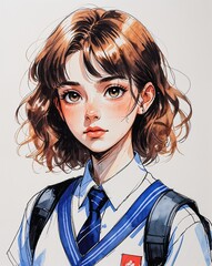 Wall Mural - teen female shy curly brown hair school uniform watercolor anime style illustration on plain white background