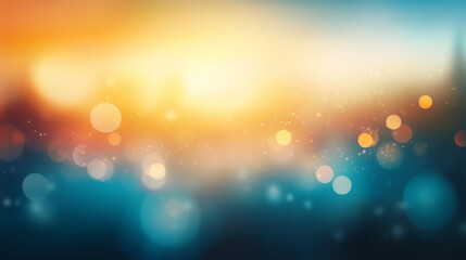 Poster - Vibrant abstract bokeh background with warm orange and cool blue gradient. Soft glowing circular light spots creating a dreamy and ethereal atmosphere with smooth texture and blurred effect.