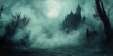 Halloween background with creepy and ancient castle in the fog