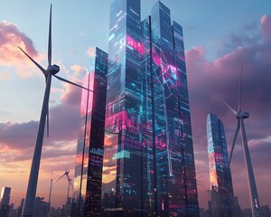 Aufkleber - A futuristic AI-driven skyscraper featuring holographic designs in a modern urban setting.