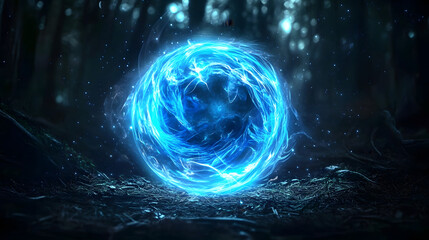 Wall Mural - glowing blue orb swirls with magical energy in a dark fantasy settin