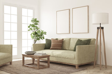 Wall Mural - Beautiful living-room interior with green sofa. Frame mockup. 3d render.