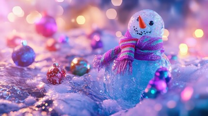 Wall Mural - A cheerful snowman surrounded by colorful ornaments and festive lights in a winter wonderland.