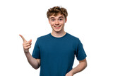 Smiling teen boy pointing, advertising concept
