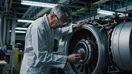 Poster - Expert technician conducts detailed inspection of jet engine components in modern workshop environment