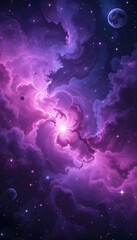 Wall Mural - A stunning cosmic wallpaper a galaxy filled with vibrant nebulae in shades of purple, blue, and magenta. stars, distant planets, swirling cosmic dust, wonder and infinite space