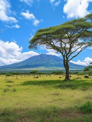 Wall Mural - Lone Tree in Grass Field with Mountain Background