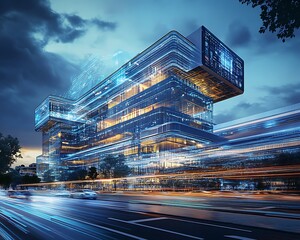 Poster - Futuristic headquarters of a renewable energy company, showcasing innovation and sustainability in architecture.