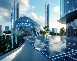 Poster - Futuristic headquarters design for a renewable energy company, showcasing innovation and sustainability.