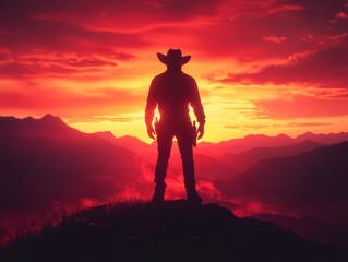 Wall Mural - Man on mountain in cowboy hat