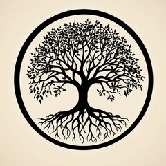 Aufkleber - Symbolic tree of life with intricate roots and branches displayed in a circular design. Generative AI
