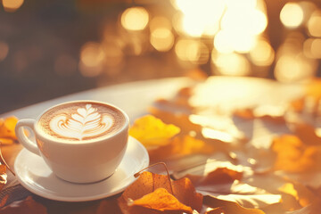 Wall Mural - Autumn Latte:  A steaming cup of latte art, decorated with a delicate leaf pattern, sits on a table surrounded by fallen autumn leaves, illuminated by the warm glow of the setting sun.