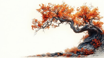 Wall Mural - Autumn tree, rocky landscape, white background, nature scene, design element