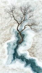 Wall Mural - Serene Wintry Abstraction, Frozen River with Solitary Tree on a Snow Covered Landscape