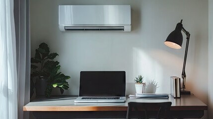Wall Mural - a minimalist workspace with a desk, laptop, and a wall-mounted air conditioner providing a productiv