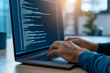 Man is typing on a laptop with a blue screen