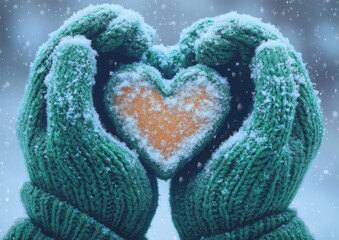 Winter Scene with Knitted Mittens and Heart-Shaped Snowball in Romantic Environment