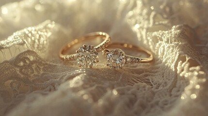 Canvas Print - A romantic shot of two diamond wedding rings resting on a white lace fabric, with gentle lighting highlighting their beauty.
