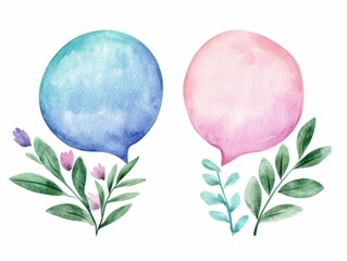 Wall Mural - Watercolor style speech bubble with soft pastel color gradients and subtle floral accents  painted in a cheerful palette of pink  blue  and green tones  The has a dreamy