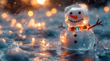 Wall Mural - A joyful snowman made of ice, glowing in a magical winter setting with sparkling lights.