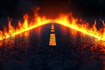 Poster - Flames border a dark road creating a dramatic and intense visual effect at nighttime