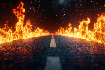 Poster - Flames engulf a deserted asphalt road at night creating a dramatic and eerie atmosphere