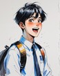 © Arceli - teen male excited short black hair school uniform watercolor anime style illustration on plain white background