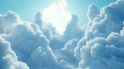 Wall Mural - A staircase made of fluffy white clouds ascending into a brilliant blue sky, with rays of sunlight shining through.