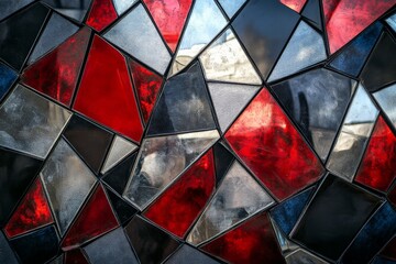 Aufkleber - Vibrant stained glass pattern showcasing red and blue geometric shapes in bright sunlight