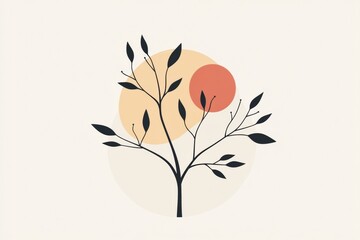 Aufkleber - Stylized tree icon with branches and leaves against a minimal background during sunset hours. Generative AI