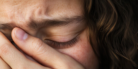 Wall Mural - Close-up Photograph of a Person's Face with Hand Covering Eyes