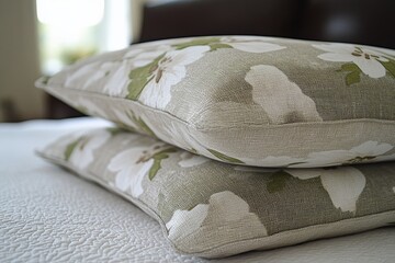 Wall Mural - Decorative pillows with floral patterns resting on a bed in a cozy interior space during daylight