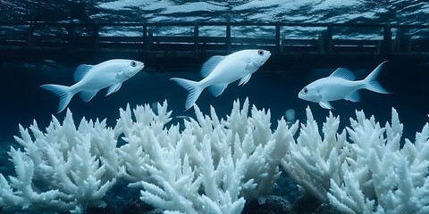 Bleached coral, fish swim, underwater dock