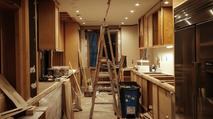Wall Mural - A view of a kitchen under renovation, with unfinished cabinets and a ladder in the center.