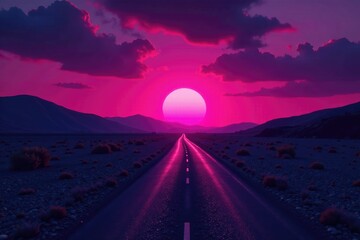 Wall Mural - A dark magenta-purple sunset over a desolate landscape, landscape, pink, black