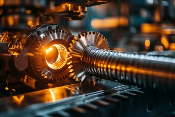 Leinwandbilder - Precision engineering process showcases intricate metal gears and illuminated components in a workshop environment
