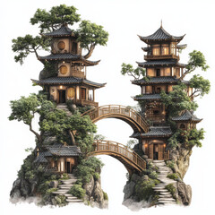 Two magical and magnificent towers connected by wooden bridge, surrounded by lush greenery and intricate architecture. This enchanting scene evokes sense of wonder and tranquility