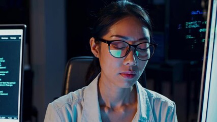 Leinwandbilder - Expert coder analyzes complex data at a tech workspace in a dimly lit office during late hours , hud