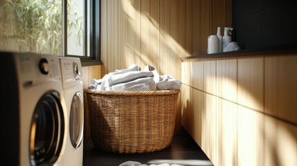 Wall Mural - A wooden wicker basket filled with clothes, resting next to a washing machine in a minimalist laundry room with a modern design.