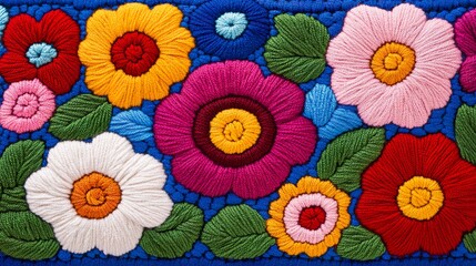 Colorful embroidered floral pattern on blue fabric background