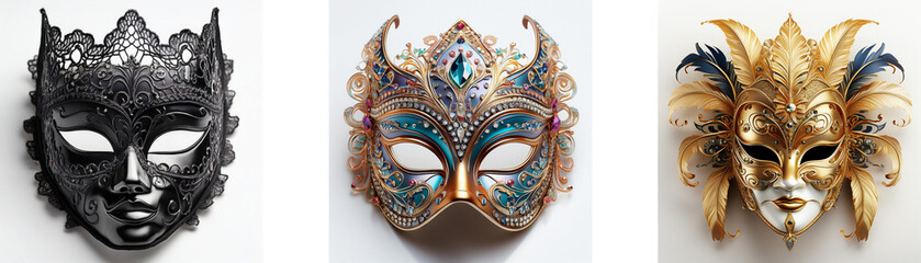 Sticker - Three ornate masquerade masks; one dark, one colorful, one gold.  Each features unique detailing and design.