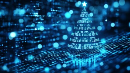Christmas tree silhouette interwoven with binary code.