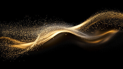 Fototapete - Elegant abstract golden wave composed of shimmering particles on a black background. Luxurious dynamic motion with glowing light effects, evoking sophistication, opulence, and futuristic aesthetics in