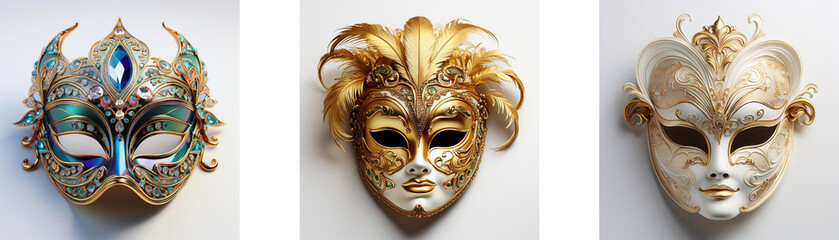 Sticker - Three ornate Venetian masks displayed against a white backdrop.  Each mask boasts unique design details and color palettes, showcasing the artistry of mask-making.